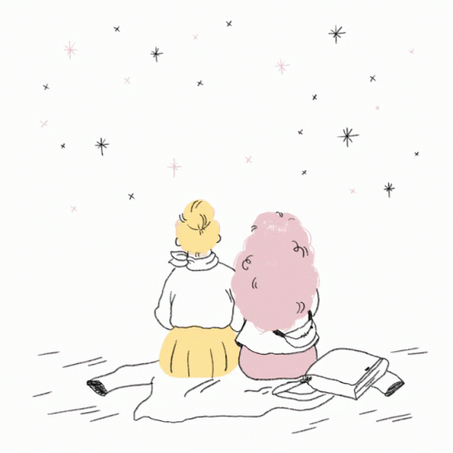 two girls who are sitting in front of stars on a hill