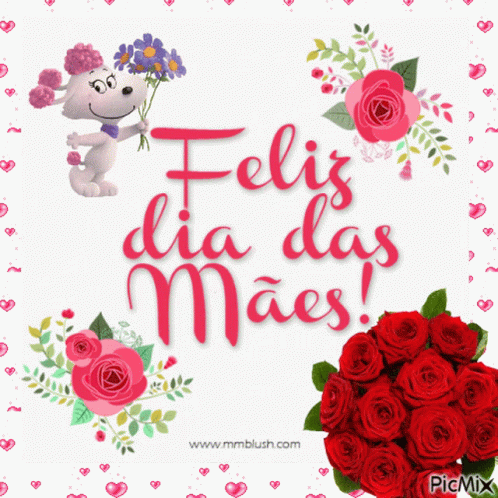 the card says feli's dia daas maes with a picture of a dog holding flowers