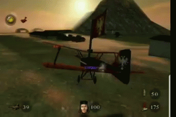 the screens shows a small airplane flying over an island
