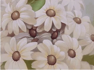 a painting shows white daisies with a blue center