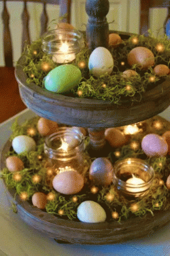 three tiered wooden trays with easter decorations