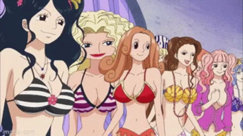 a group of women wearing matching bikinis are lined up together