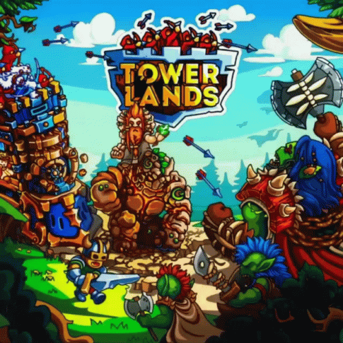 a painting that says tower lands and an illustration of some people on top