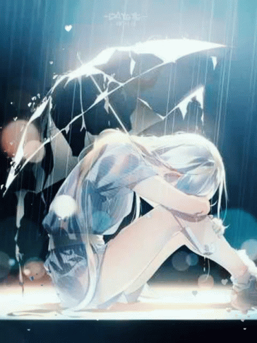 a girl in white with an umbrella sitting in the rain