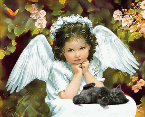 a little angel sitting beside a cat with a black cat