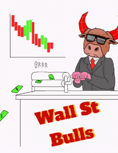 a bull is sitting at a desk with currency falling down from him and the bull has a horned head
