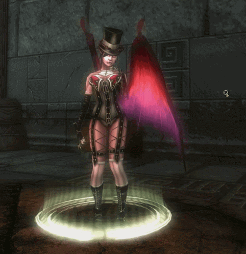 a woman standing in a dimly lit room with wings