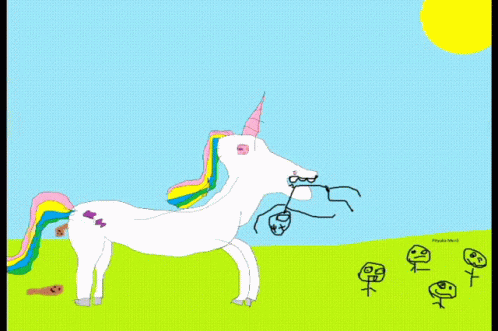 an animated unicorn is looking at another unicorn