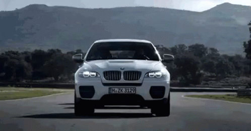 a bmw suv driving around the track on a cloudy day