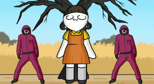 a cartoon of some people standing next to a tree