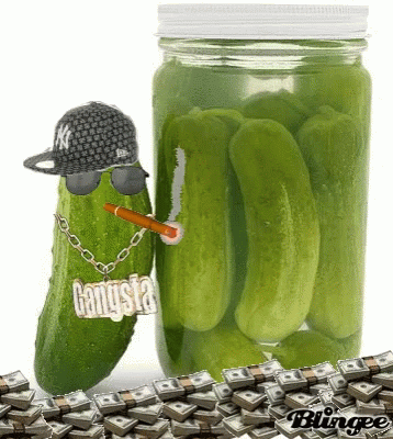 an image of a man next to a jar filled with pickles