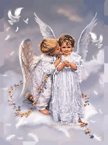 two angels hugging on cloud blue wings