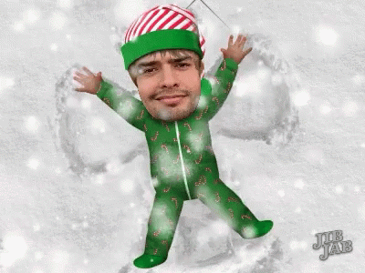a digital graphic of a man in snow with hands up
