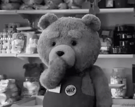 a brown teddy bear in a shop with some shelves of goods behind it