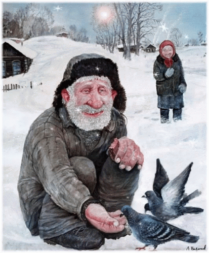 a painting of an elderly man with doves in winter