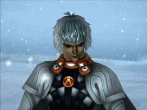a character dressed up in an armor standing in front of snow