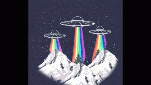 an alien aliens rainbow screen with mountains in the background