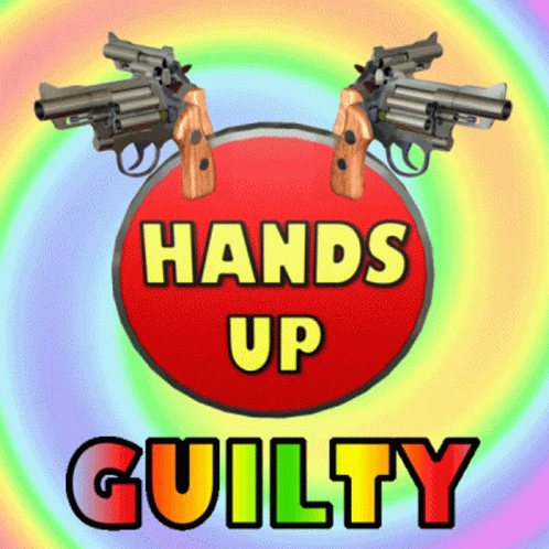 two guns on top of a blue sign that reads hands up quiltry