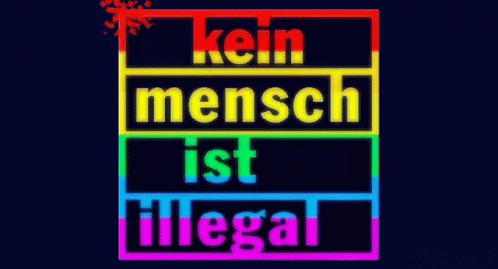 a black and rainbow square with the words ken mensch, fist illegal written in it