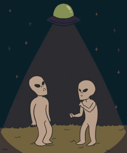 two aliens looking at each other in front of an object