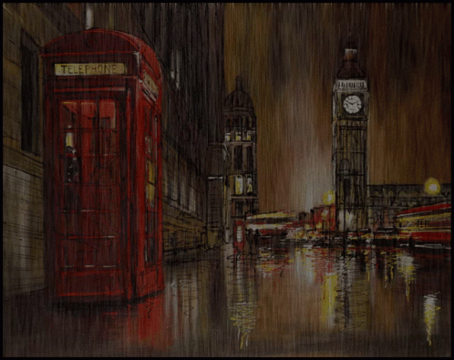 a painting of an city with a blue phone booth in the rain