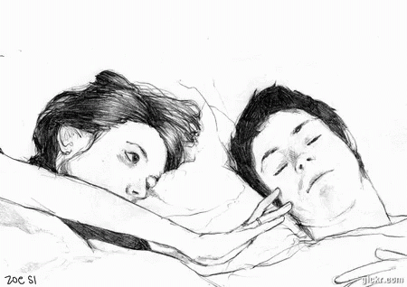 a pencil drawing of two people lying on a bed