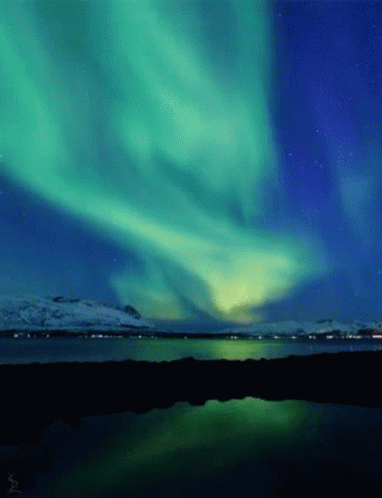 the green and red aurora lights shine above a mountain
