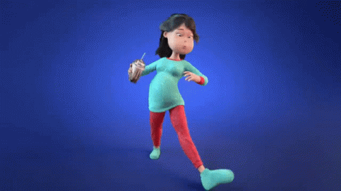 an animated female figure walking across a red surface