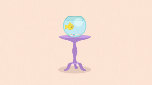 a cartoonish character holding a glass with fish