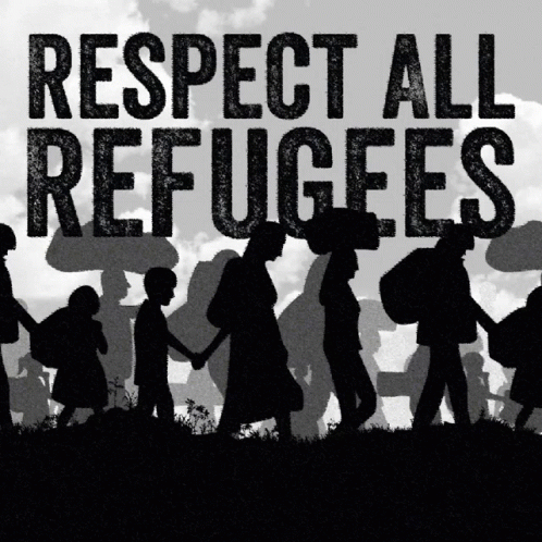 the silhouettes of people are in front of the words respect all refugees