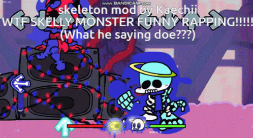 the cartoon skeleton is playing music and is looking at the camera