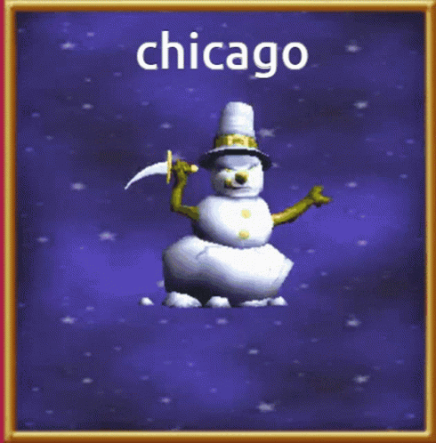 a card that reads chicago with an animated snowman holding a sword