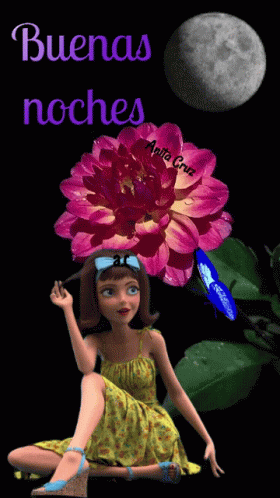 a girl holding a purple flower sitting under a blue moon