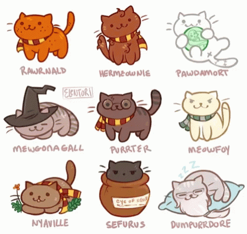 a bunch of blue cartoon cats that have names on it