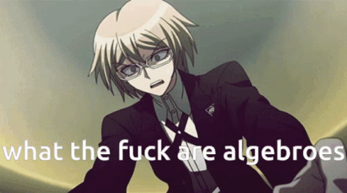 a young man wearing glasses, black suit and a white shirt with a text that reads what the f k'e are algebroes