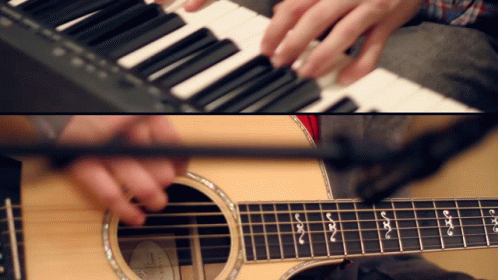 two pographs one is of someone playing an electric keyboard and the other is playing a guitar