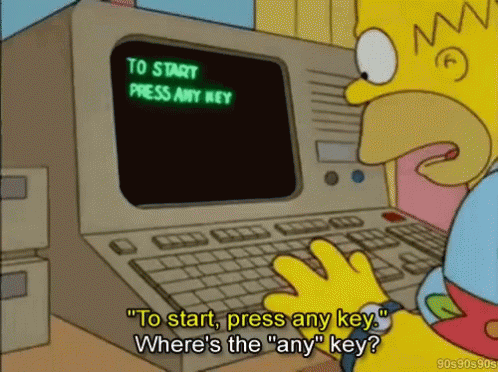 cartoon with a keyboard that says to start press any key