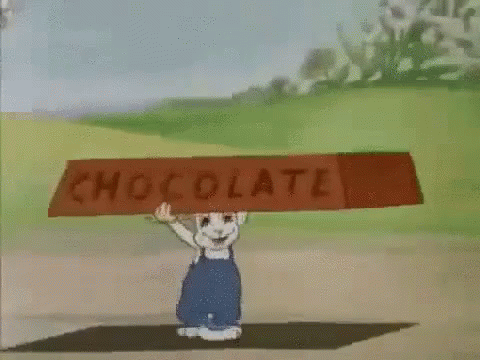an animated cartoon with a chocolate sign in it's hand