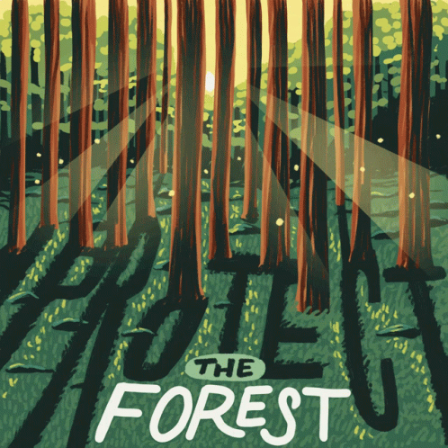a picture of trees with the text'the forest'in a glowing white light