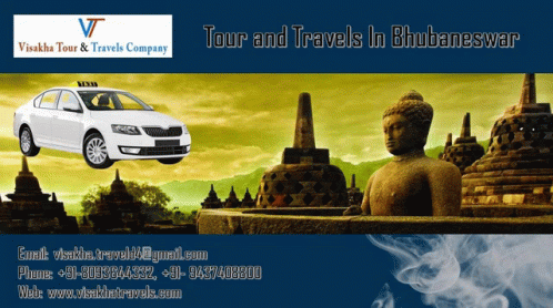 a van driving next to a group of buddha statues