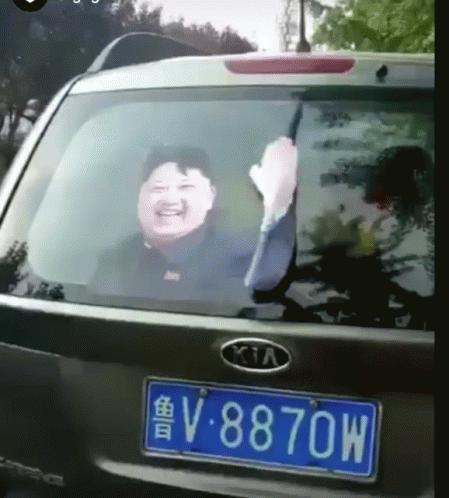 an asian woman waving from the back window of her car