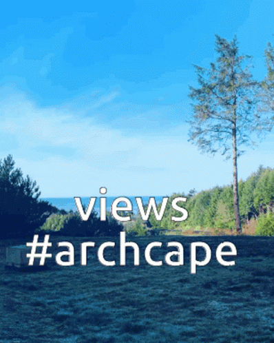 a picture of a field that has trees with the words views and arch cape
