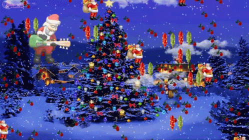 a computer artwork of christmas trees, with santa claus flying around