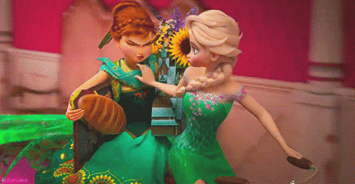 disney characters in green dresses playing with each other
