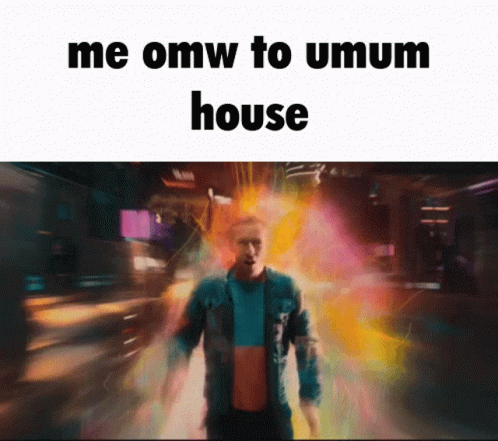 an image of a man in a neon coat saying, me omv to umtum house