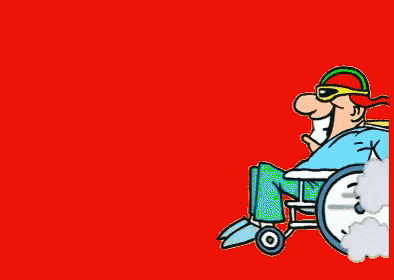 a cartoon character is riding on top of a wheel chair