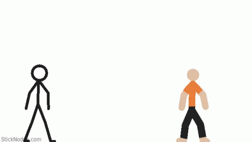 an animated figure walking and standing with a person in the background