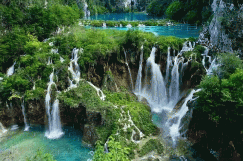 a large waterfall sitting inside of a lush green forest
