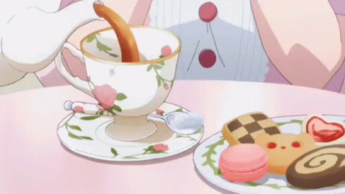 an anime scene shows a woman stirring a cup of tea