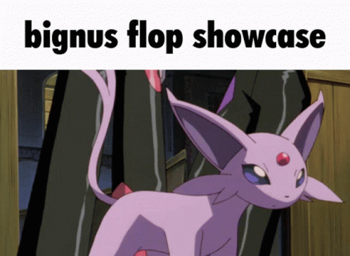 an animated pinkie cat is staring at soing that reads bingns flop showcase